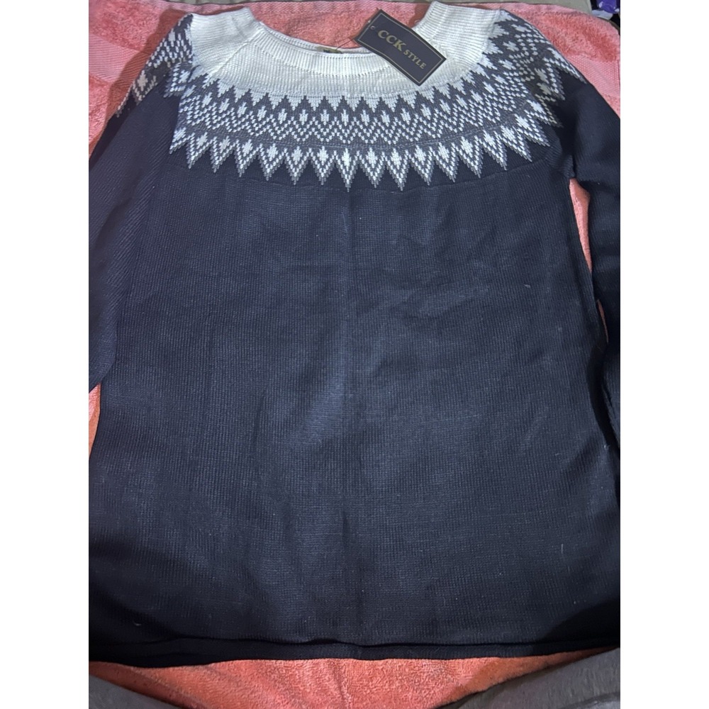 CCK Style Fair Isle Sweater Womens XXL 44 Black White Nordic Knit Pullover NWT